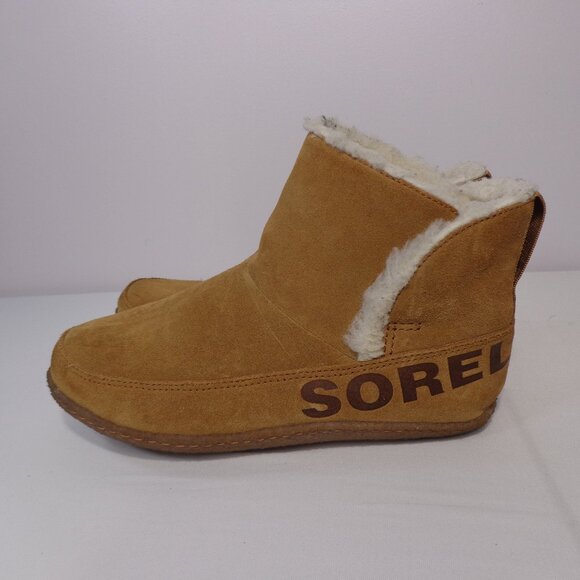 SOREL Women's Nakiska Faux Fur Lined Suede Brown Ankle Bootie Slippers Size 7 - Picture 1 of 9